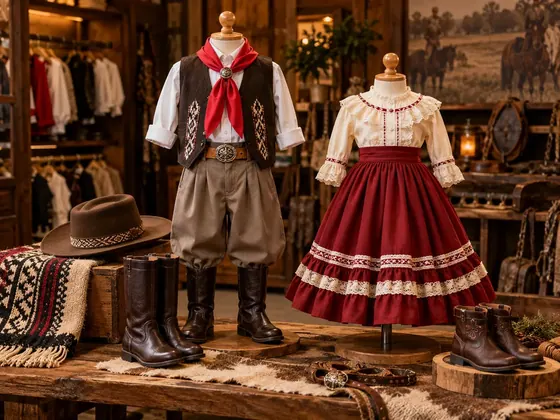 Pilcha infantil masculina e vestido de prenda infantil em manequins