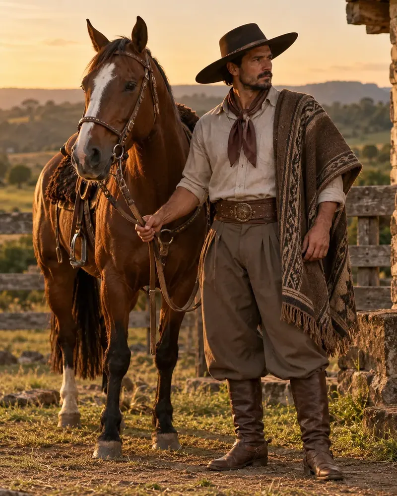 Peão de bombacha e poncho ao lado do cavalo, no fim da tarde