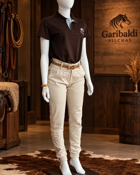 Manequim feminino com camisa polo marrom e calça bege na loja