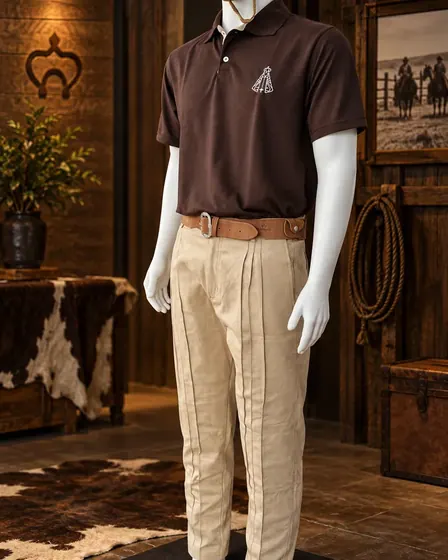 Manequim masculino com camisa polo marrom e calça bege em ambiente de madeira
