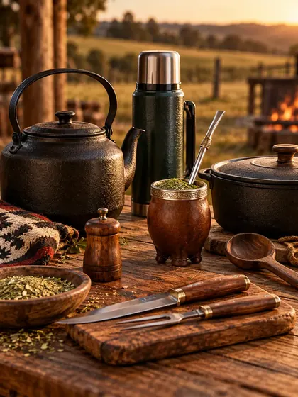 Chaleira, cuia, térmica e utensílios campeiros sobre tábua de madeira